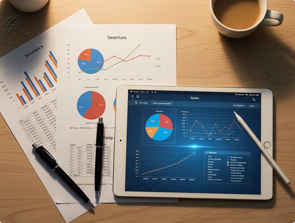 Dashboard metrics and analytical reports on tablet