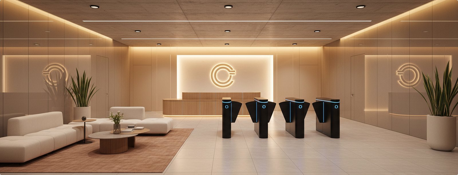 Office lobby with turnstile entry gates