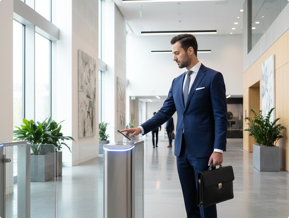 Employee accessing space with card reader